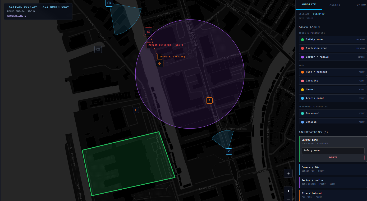 Interactive orthorectified map with annotation draw tools and placed markers