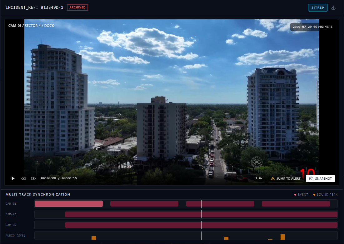 Incident footage with jump-to-alert controls and multi-track event timeline